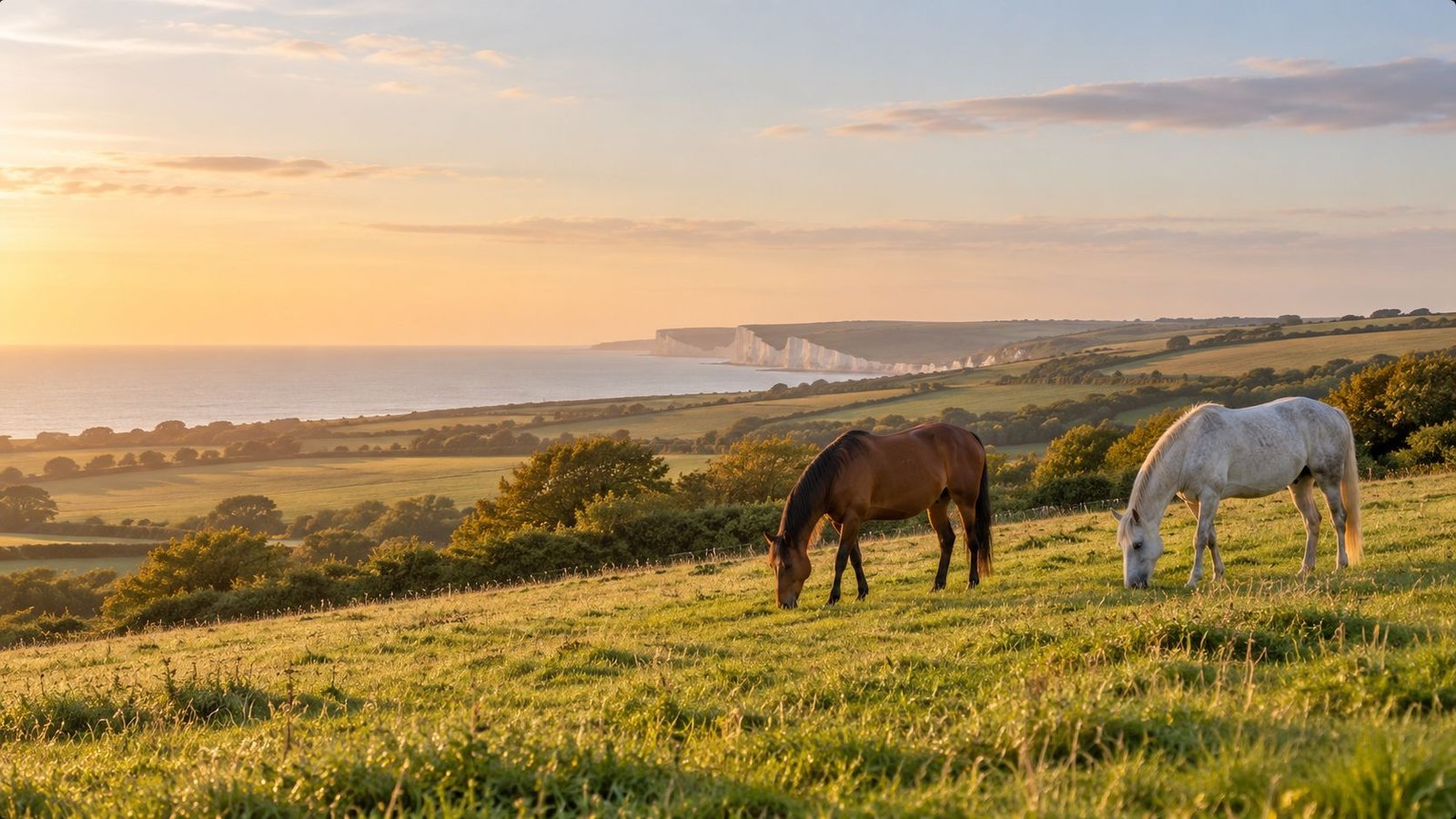 Horses grazing on East Kent downland at golden hour, with the sea in the distance