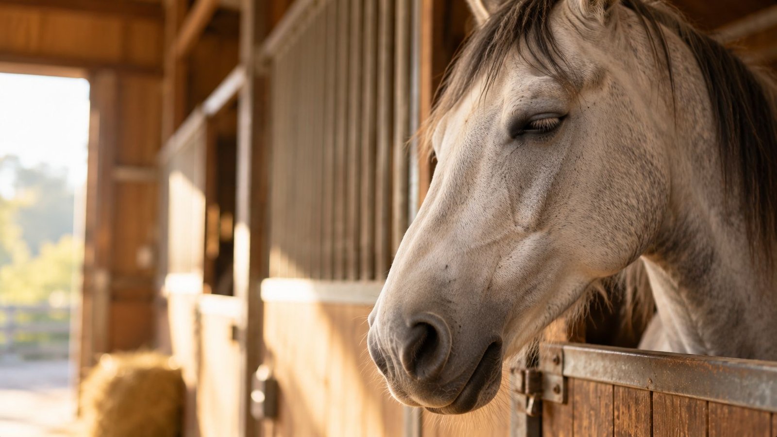 A relaxed grey horse with soft, half-closed eyes