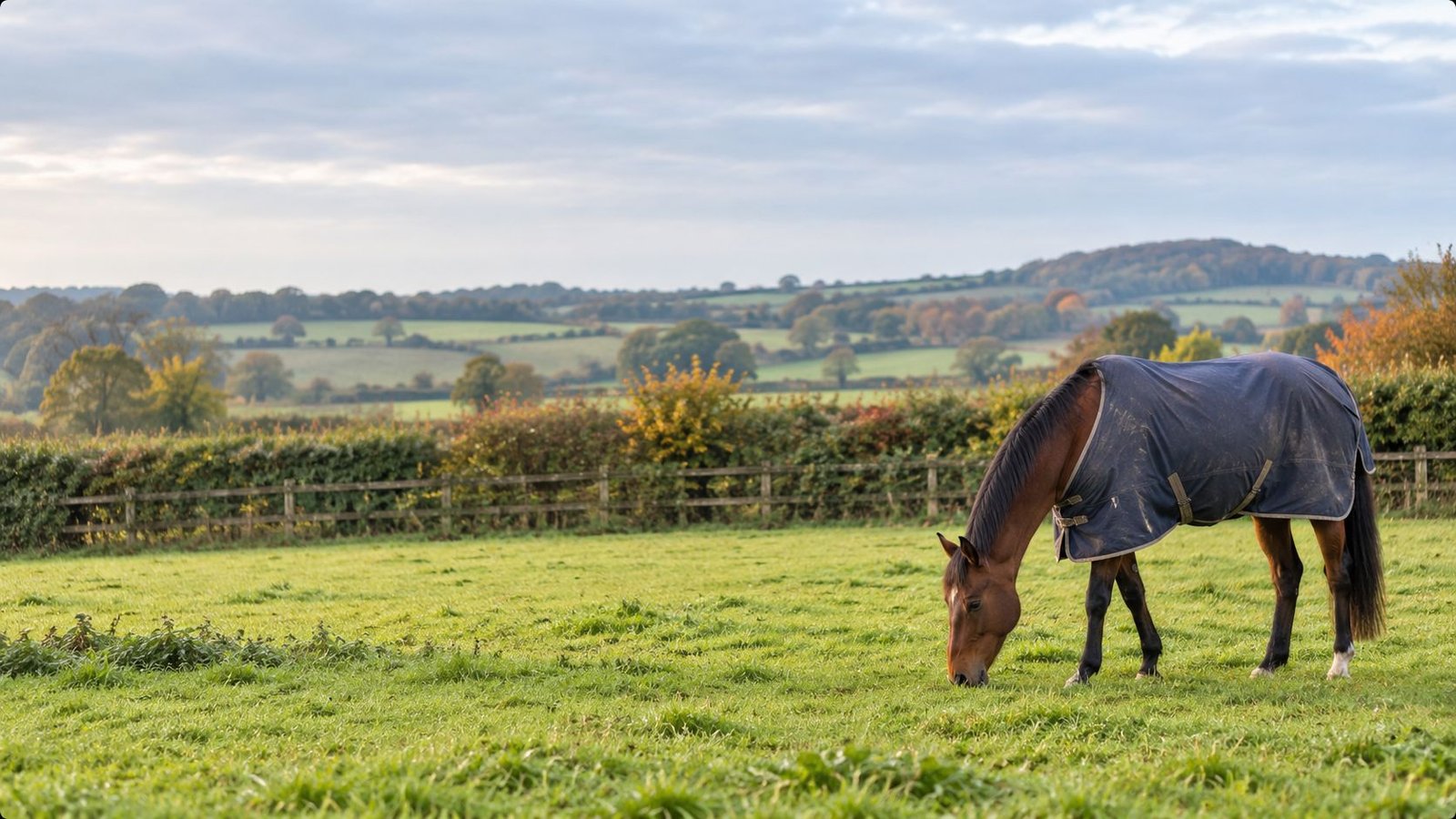 A bay horse in a rug grazing in a hedged Kent paddock