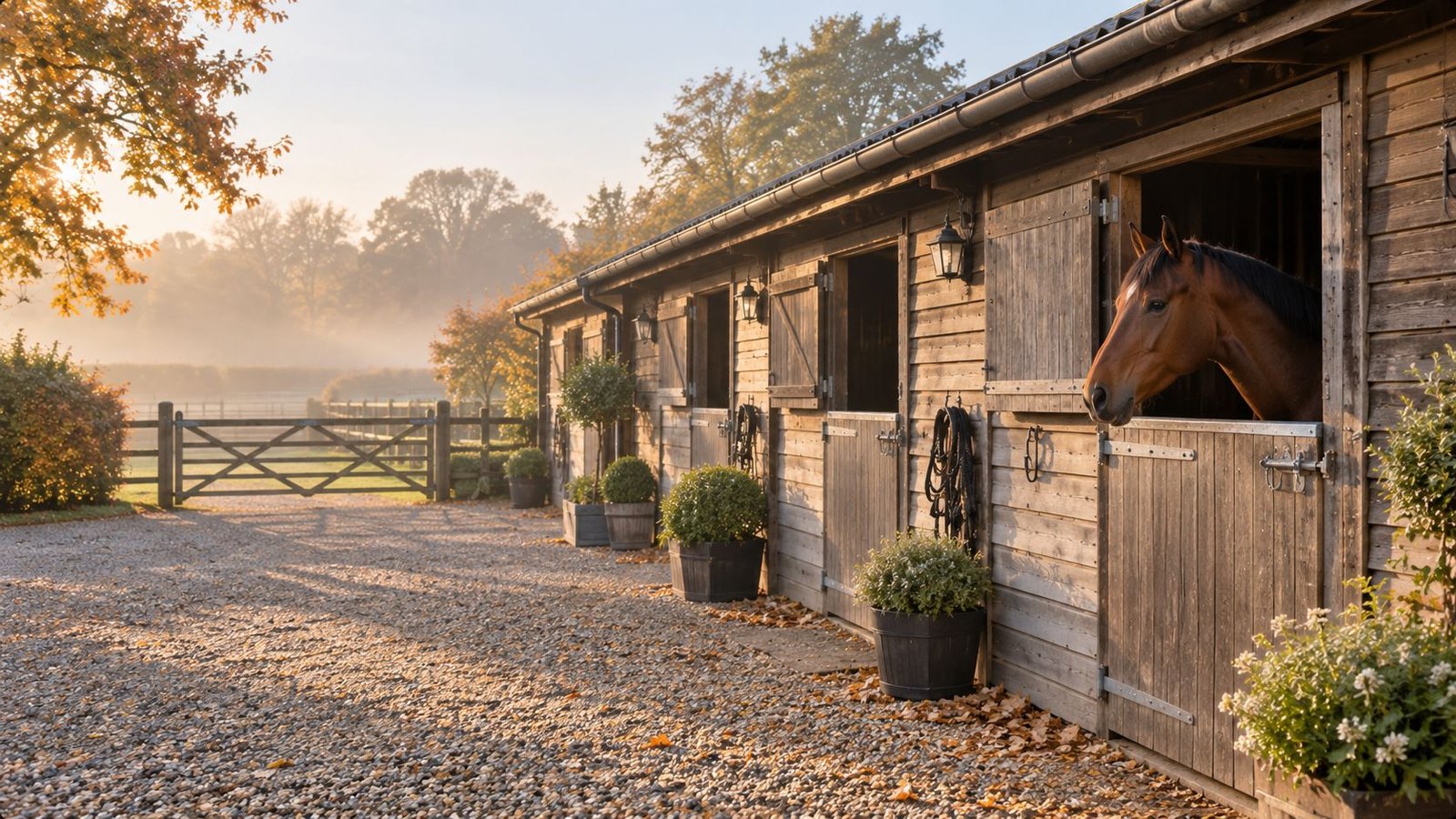 A quiet Kent livery yard on an autumn morning, a bay horse looking over a stable door